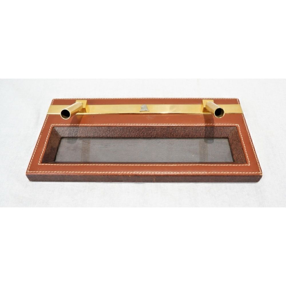 Vintage Mark Cross  Leather / Brass/ Silk Desk Pen holder 11" x 5"/ Italy